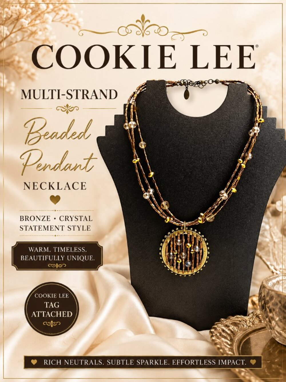 Cookie Lee Multi Strand Beaded Pendant Necklace Brown Gold Crystal Statement